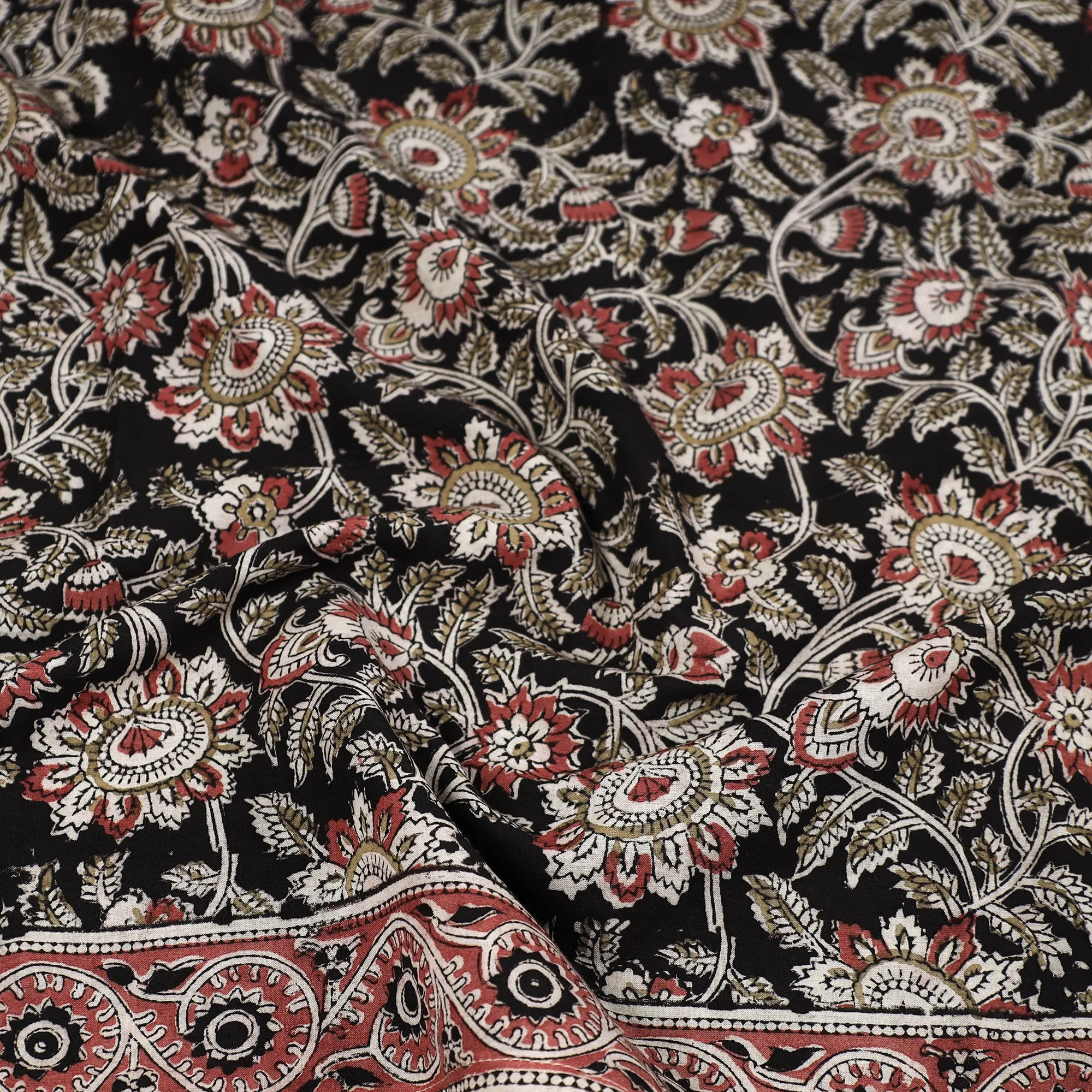 Black - Pedana Kalamkari Block Printed Natural Dyed Cotton Scarf 90