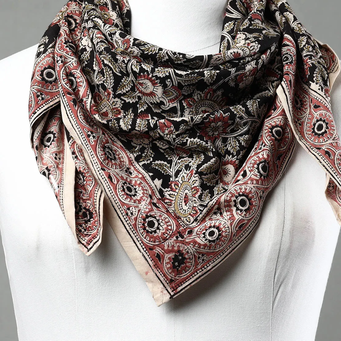 Black - Pedana Kalamkari Block Printed Natural Dyed Cotton Scarf 90