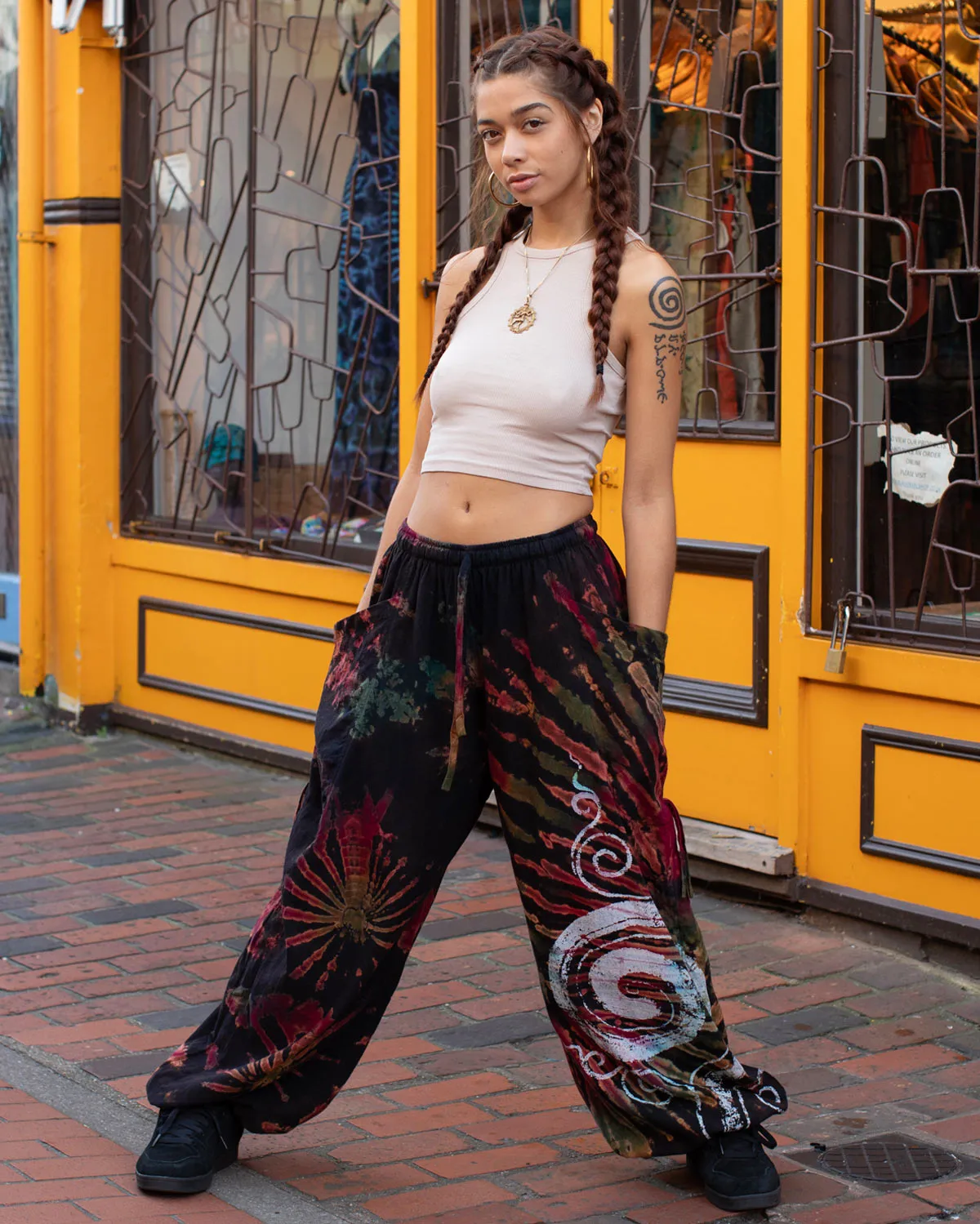 Black Spiral Tie Dye Harem Pants Unisex