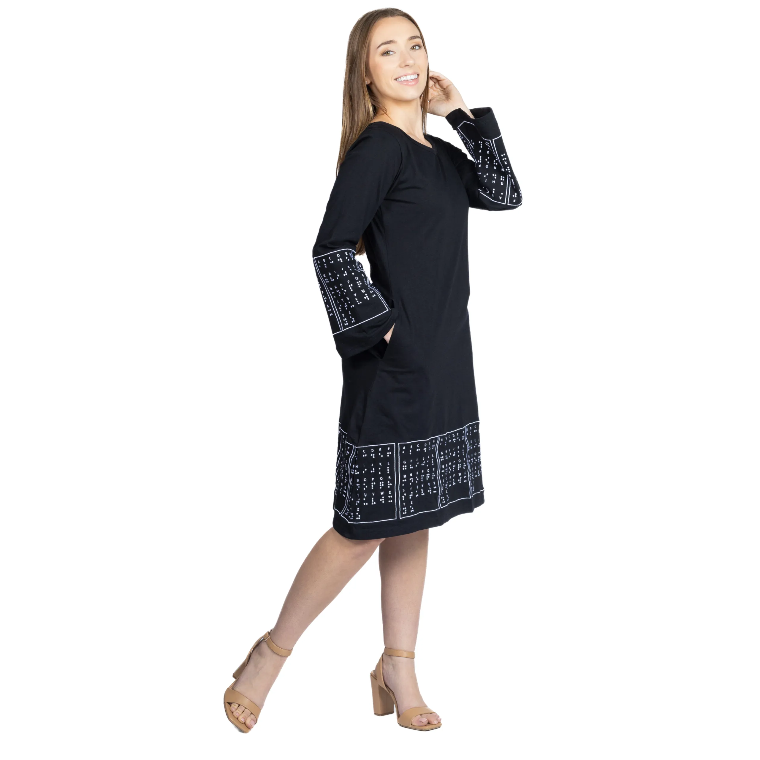 Braille Bell-Sleeve A-Line Dress (No Waist Seam)