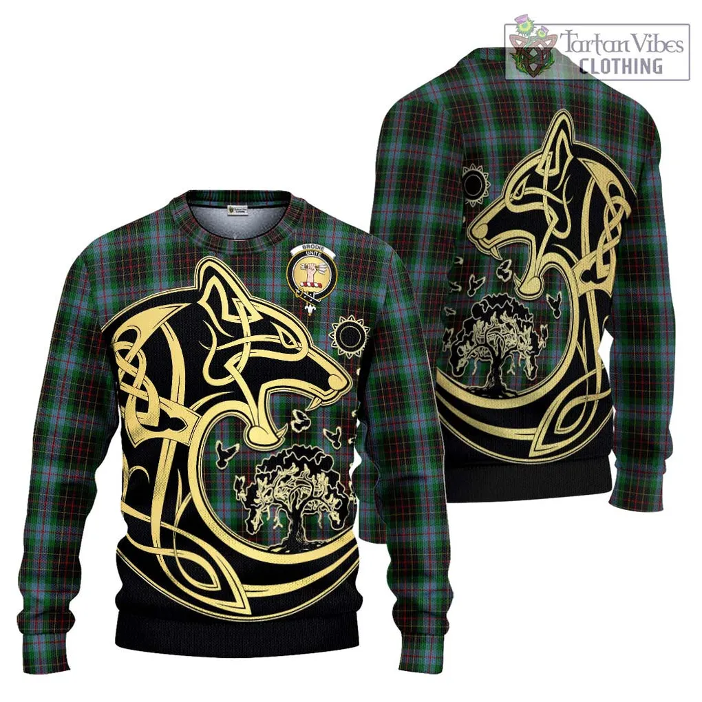 Brodie Hunting Tartan Ugly Sweater with Family Crest Celtic Wolf Style