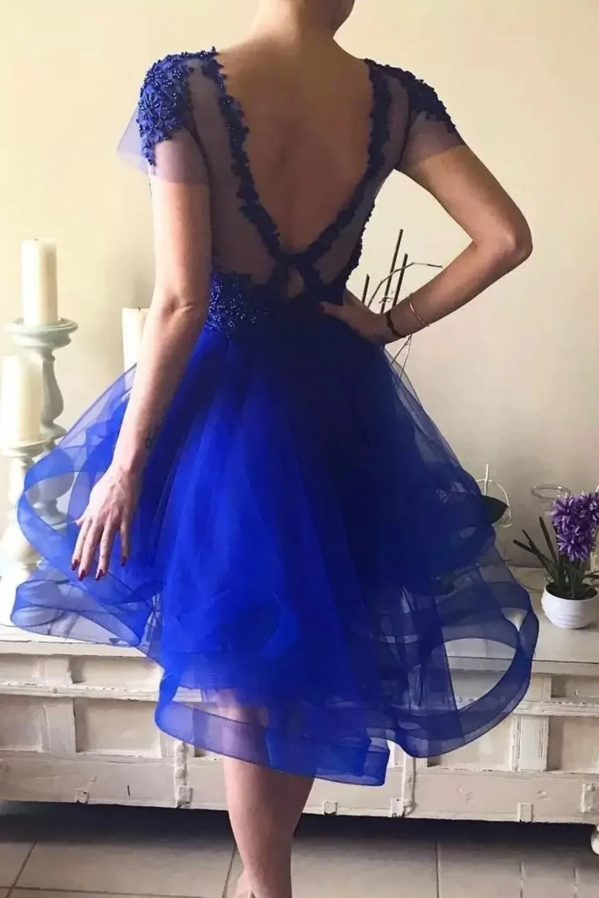 Cap Sleeves Round Neck Blue Beaded Prom Homecoming Dresses, Short Blue Formal Graduation Evening Dresses with Beadings