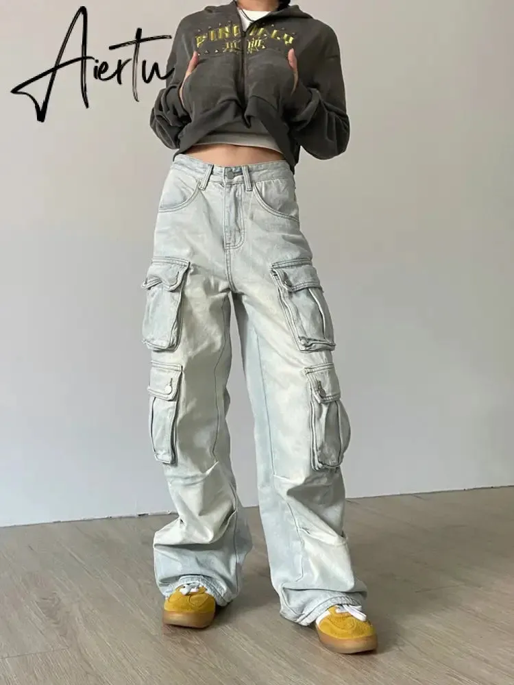 Cargo Jeans Women Y2k Vintage Distressed Multi-pocket Trousers Winter Fashion Original Streetwear Grunge Baggy Wide Denim Pants