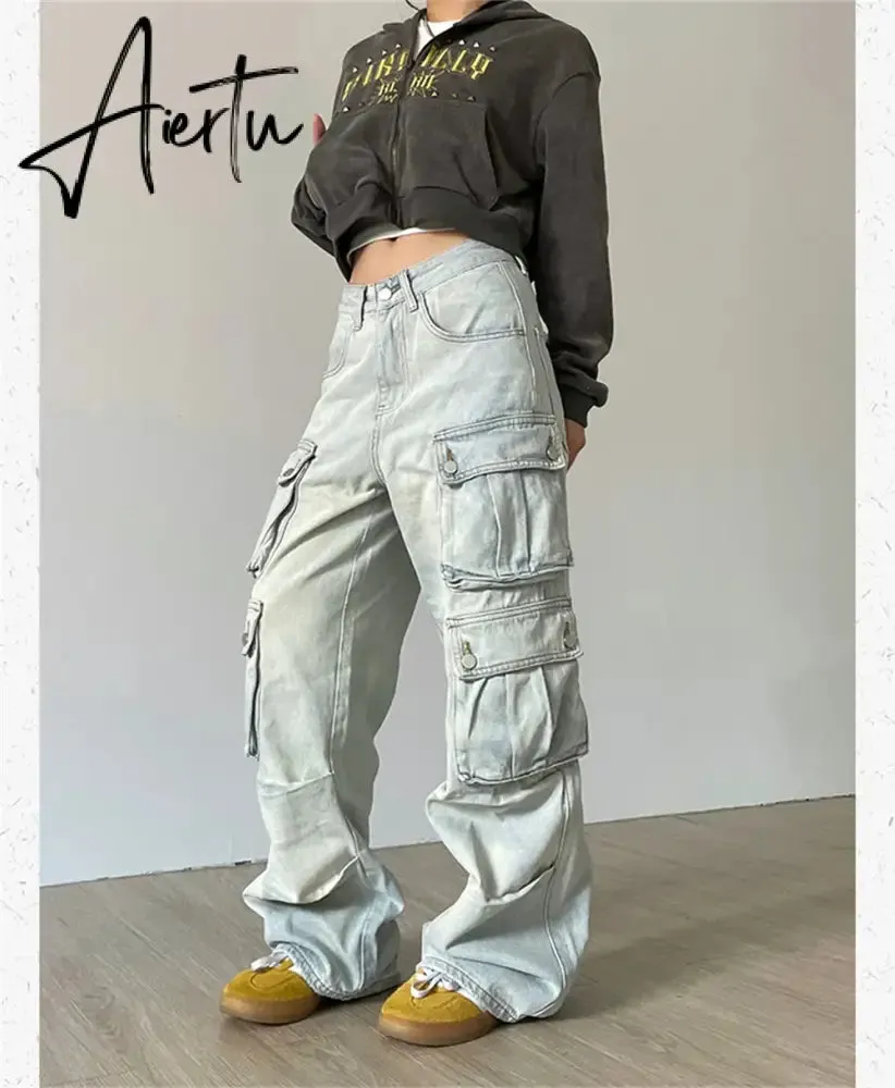 Cargo Jeans Women Y2k Vintage Distressed Multi-pocket Trousers Winter Fashion Original Streetwear Grunge Baggy Wide Denim Pants