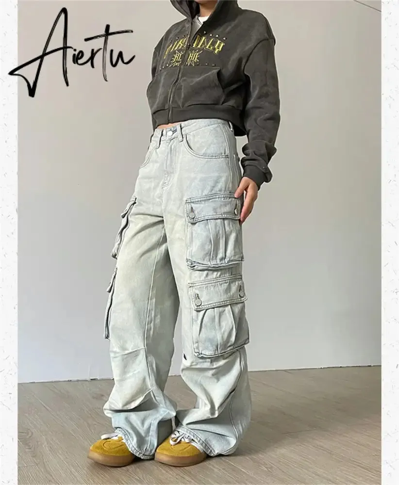 Cargo Jeans Women Y2k Vintage Distressed Multi-pocket Trousers Winter Fashion Original Streetwear Grunge Baggy Wide Denim Pants