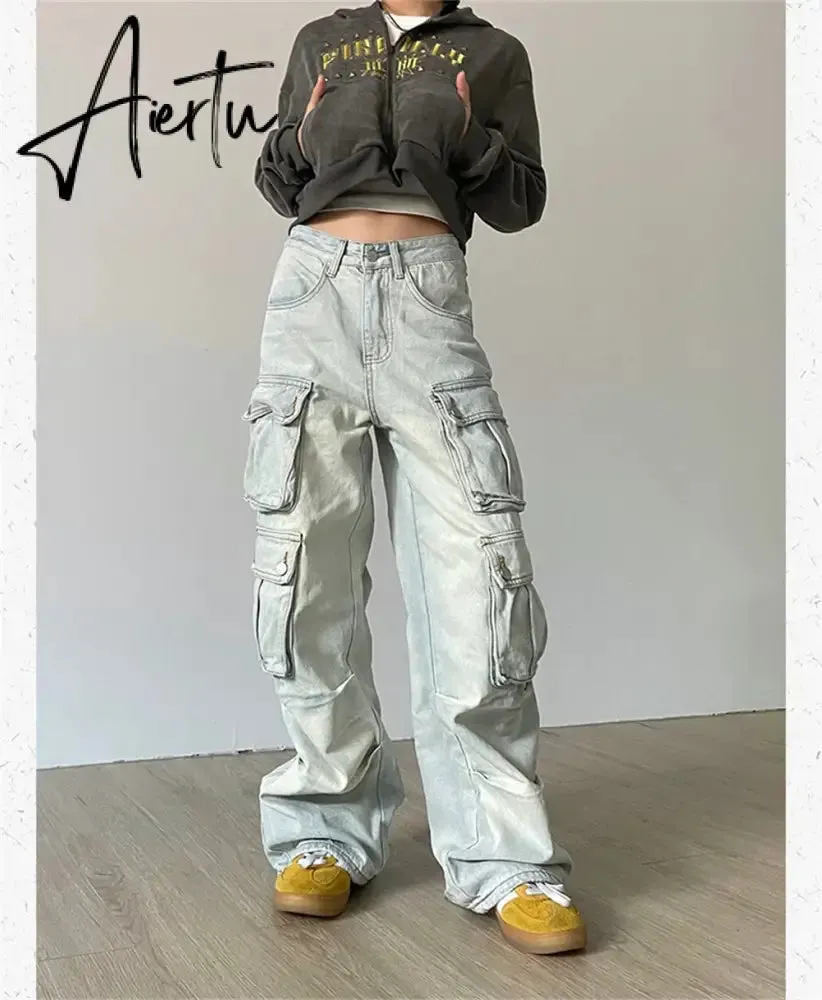 Cargo Jeans Women Y2k Vintage Distressed Multi-pocket Trousers Winter Fashion Original Streetwear Grunge Baggy Wide Denim Pants