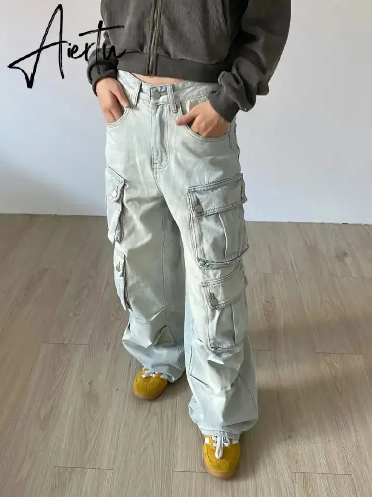 Cargo Jeans Women Y2k Vintage Distressed Multi-pocket Trousers Winter Fashion Original Streetwear Grunge Baggy Wide Denim Pants