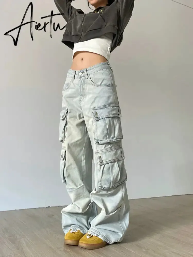 Cargo Jeans Women Y2k Vintage Distressed Multi-pocket Trousers Winter Fashion Original Streetwear Grunge Baggy Wide Denim Pants