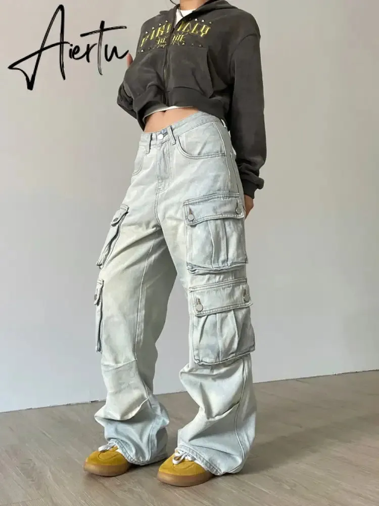 Cargo Jeans Women Y2k Vintage Distressed Multi-pocket Trousers Winter Fashion Original Streetwear Grunge Baggy Wide Denim Pants