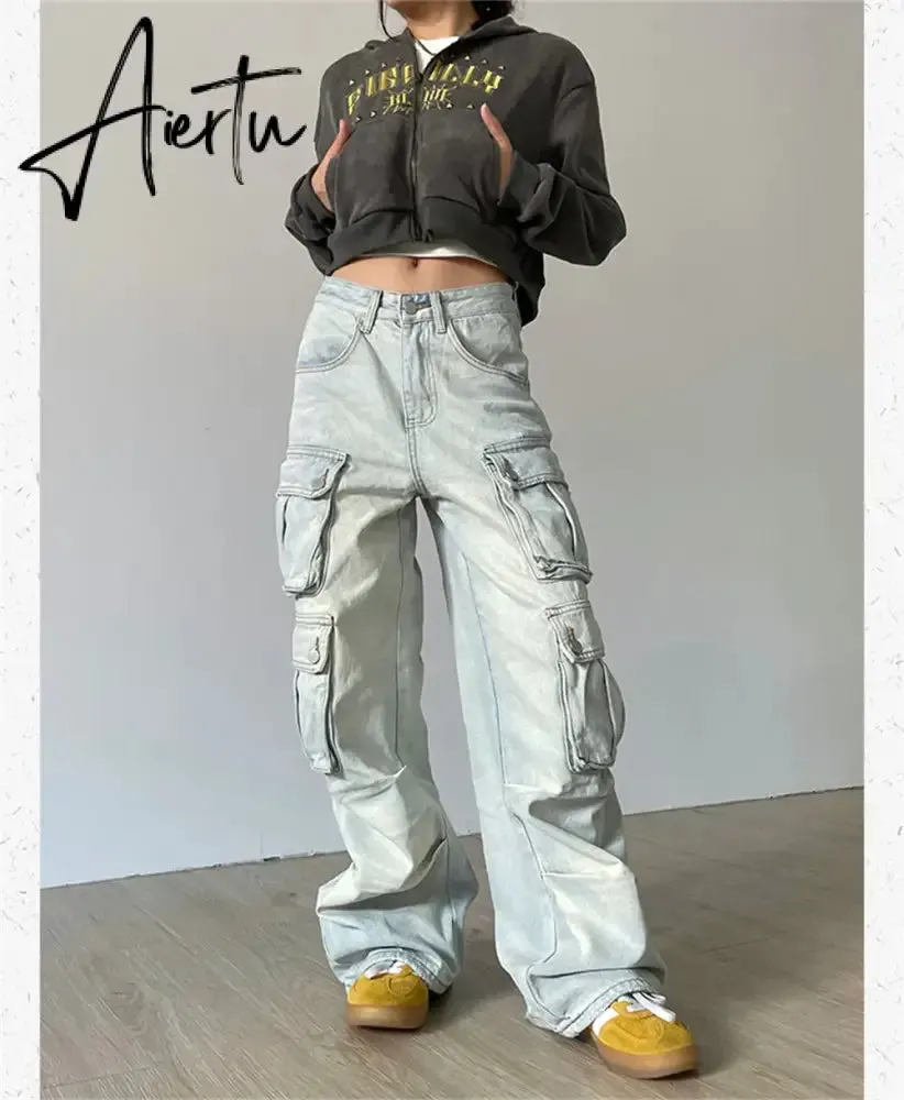 Cargo Jeans Women Y2k Vintage Distressed Multi-pocket Trousers Winter Fashion Original Streetwear Grunge Baggy Wide Denim Pants