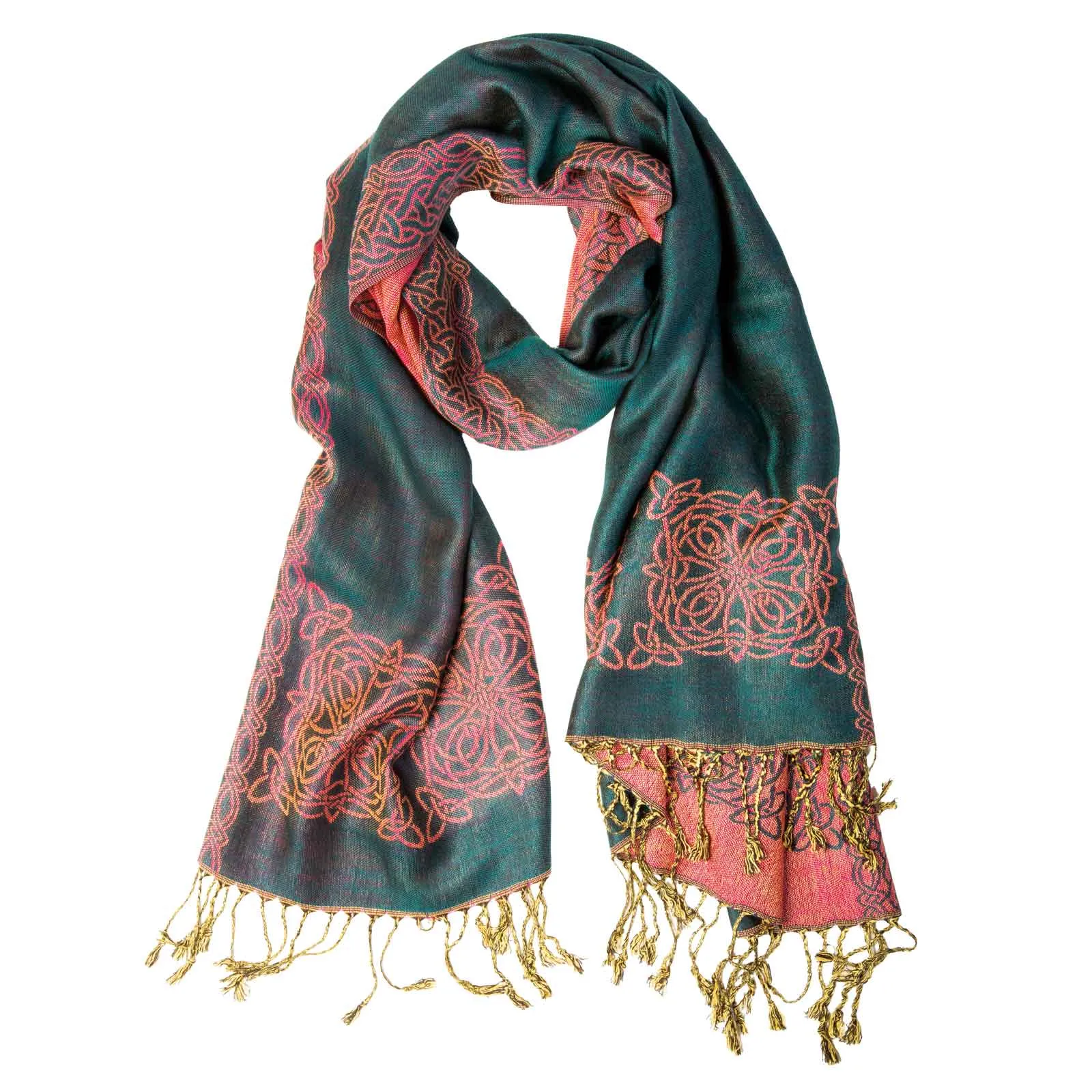 Celtic Knot Border Pashmina Scarf- Teal/Pink