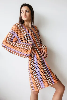 Crochet Long Sleeve Dress for Women in Brown Multi | MAS3002-BROWNMULTI