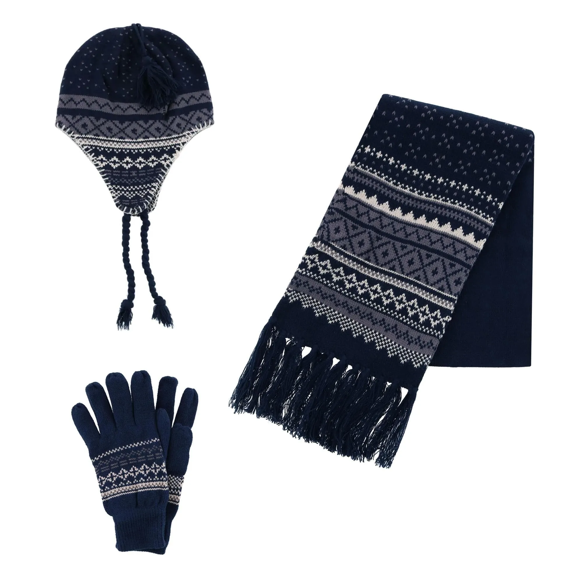 CTM® Men's Heavy Knit Winter Pattern Hat Glove and Scarf Set