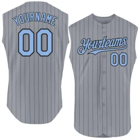 Custom Gray Black Pinstripe Light Blue Authentic Sleeveless Baseball Jersey