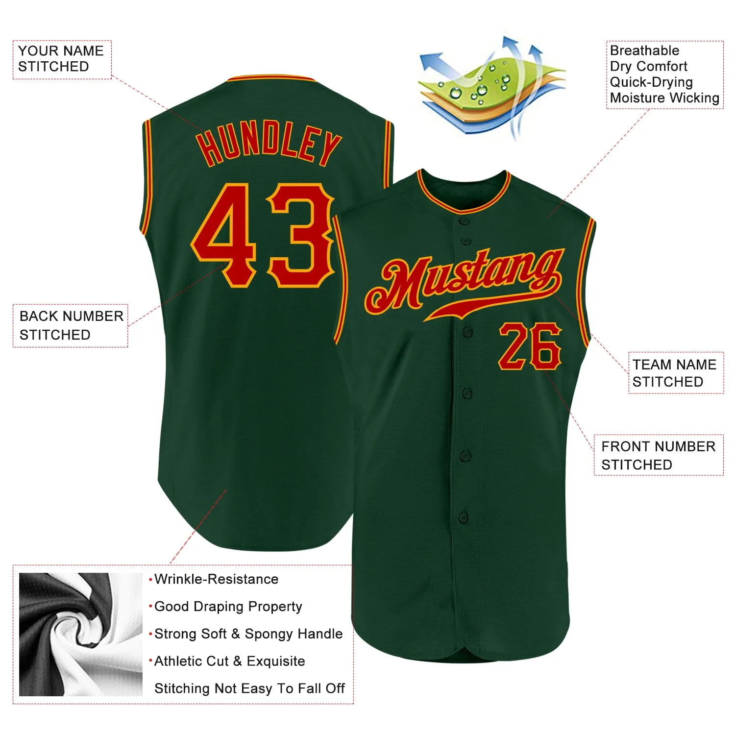 Custom Green Red-Gold Authentic Sleeveless Baseball Jersey