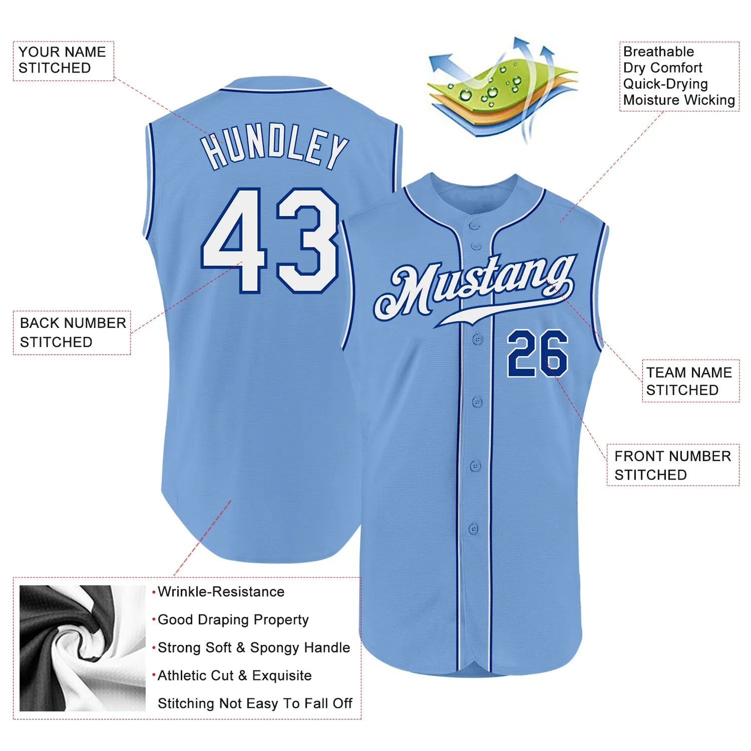 Custom Light Blue White-Royal Authentic Sleeveless Baseball Jersey