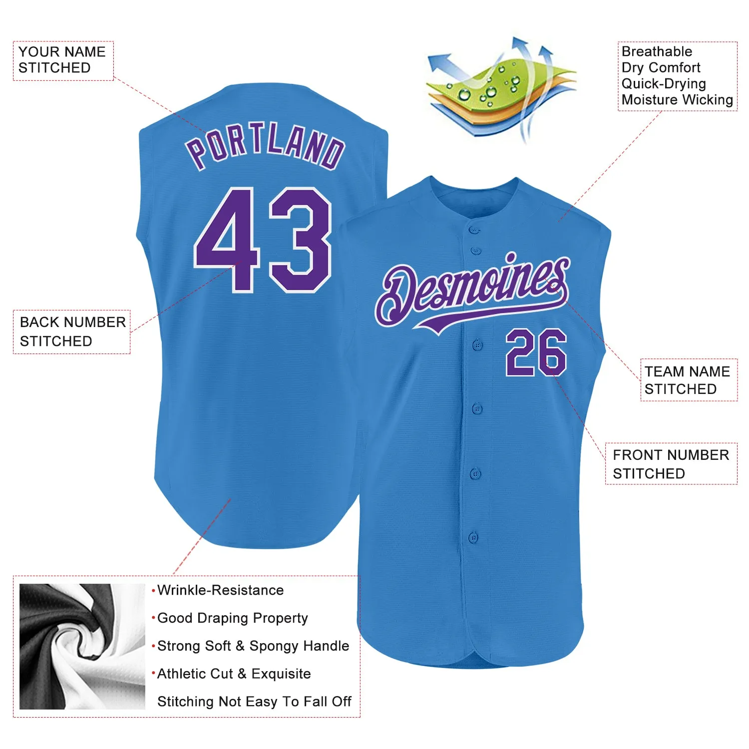 Custom Powder Blue Purple-White Authentic Sleeveless Baseball Jersey