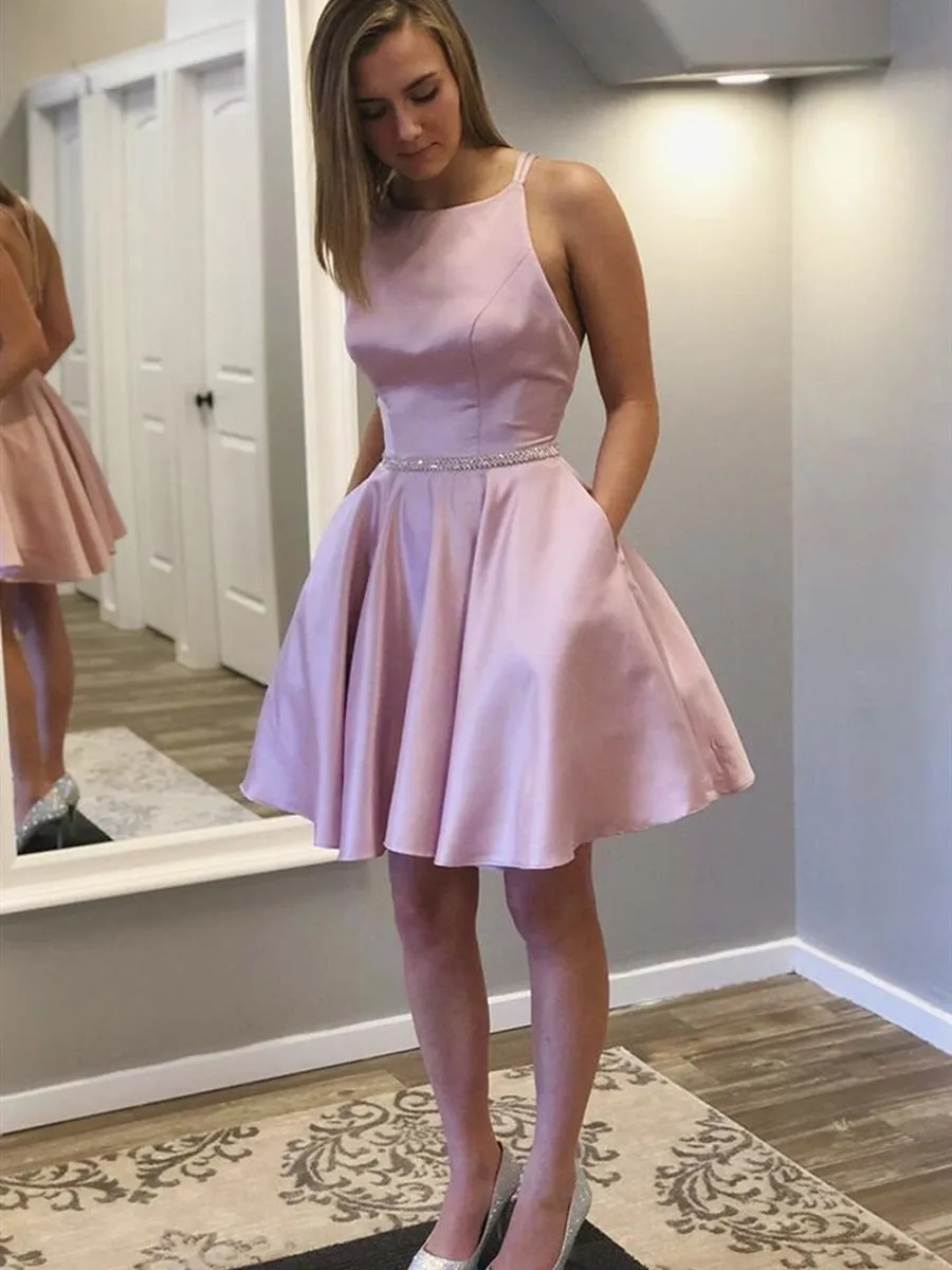 Cute Backless Pink Satin Short Prom with Pocket, Short Pink Formal Graduation Homecoming