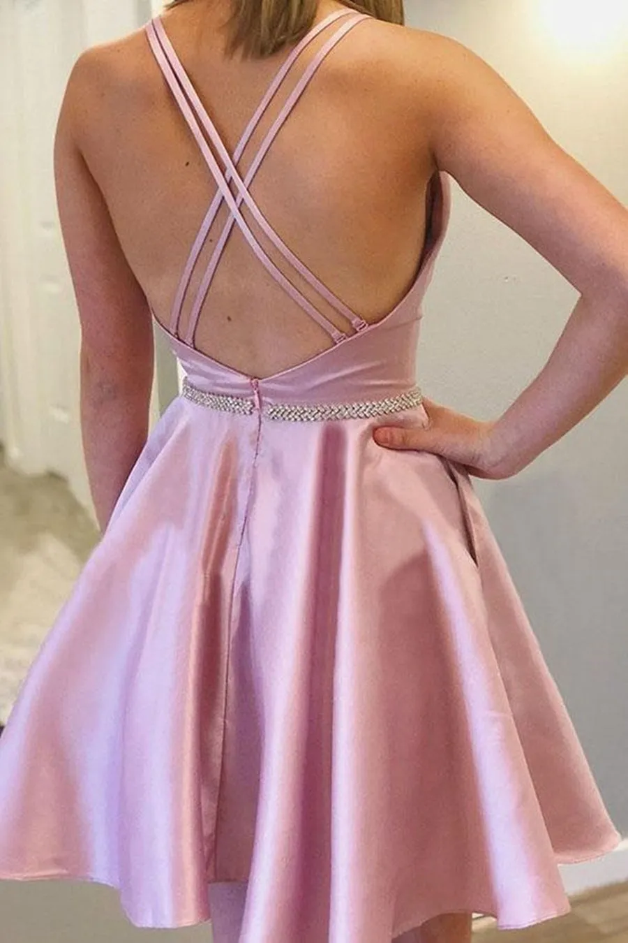 Cute Backless Pink Satin Short Prom with Pocket, Short Pink Formal Graduation Homecoming