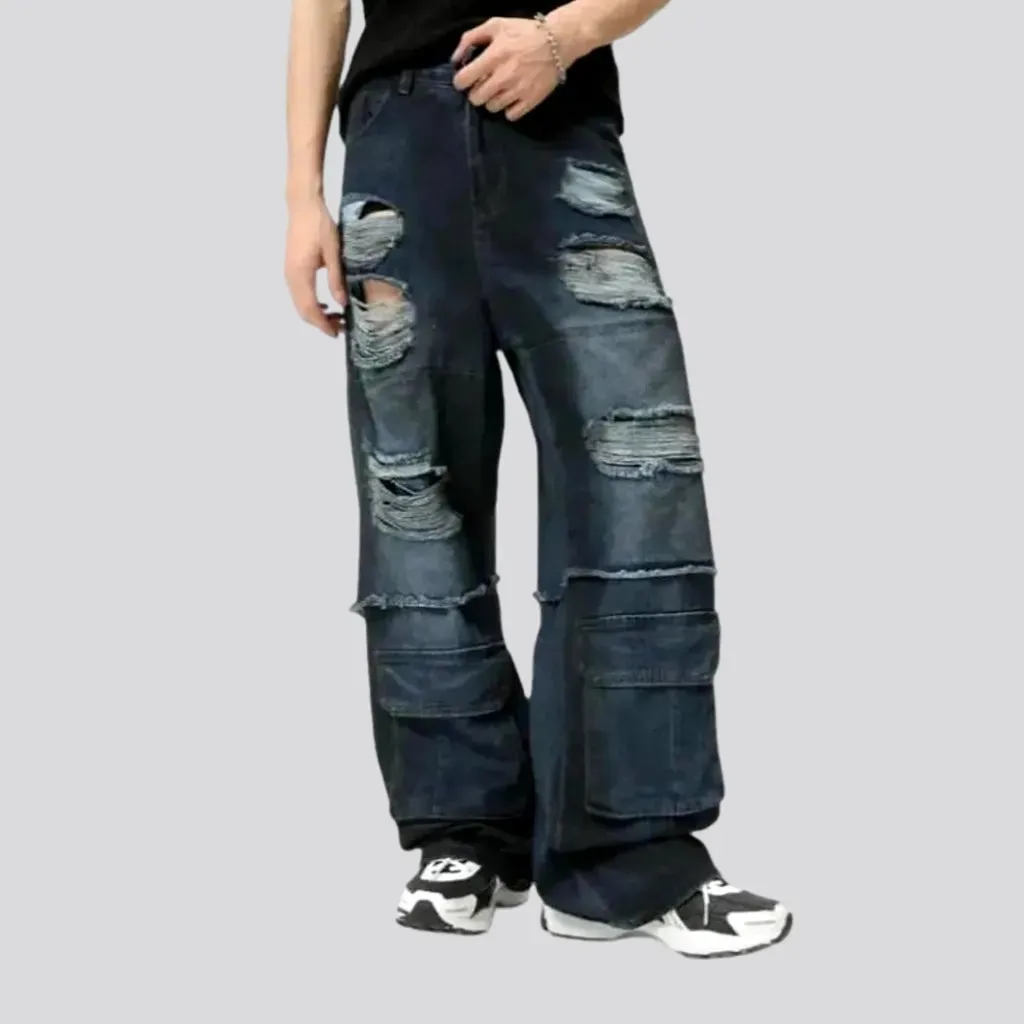 Distressed dark wash baggy jeans for men