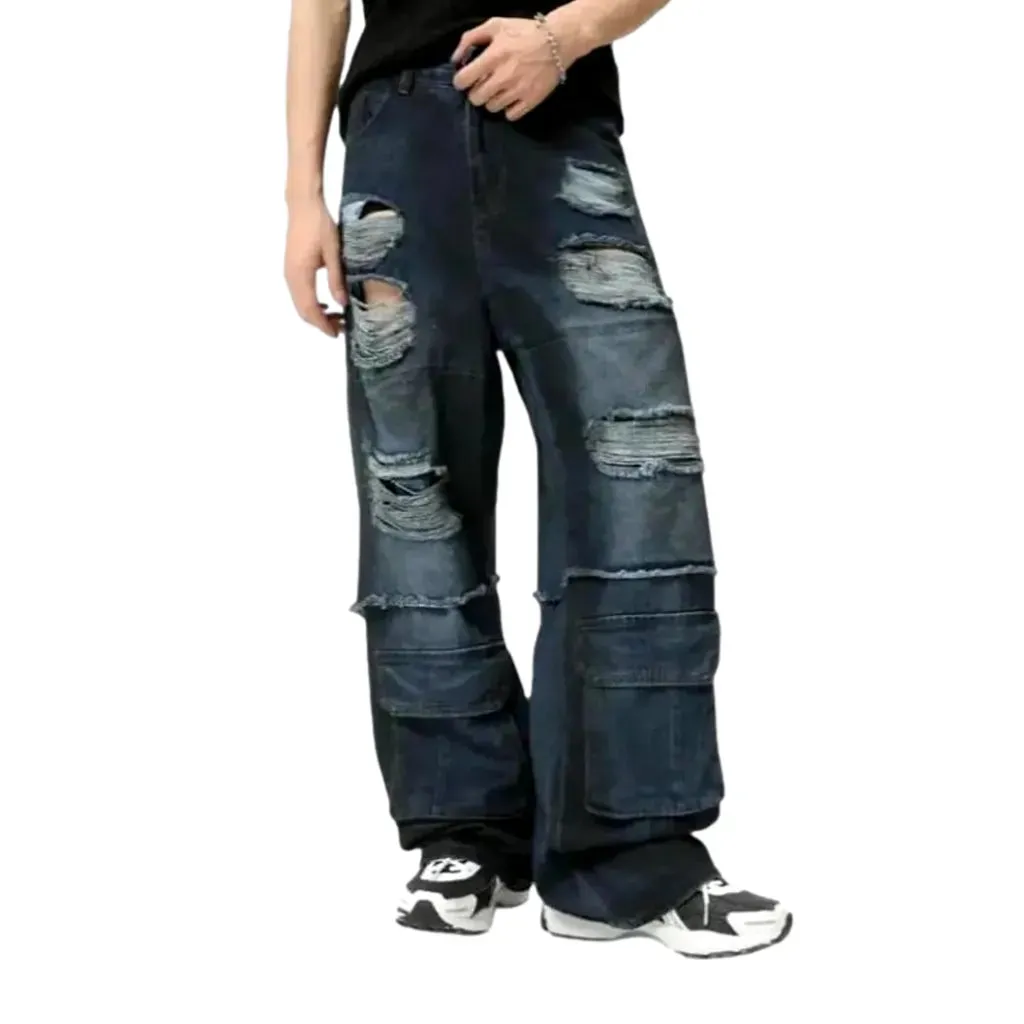 Distressed dark wash baggy jeans for men