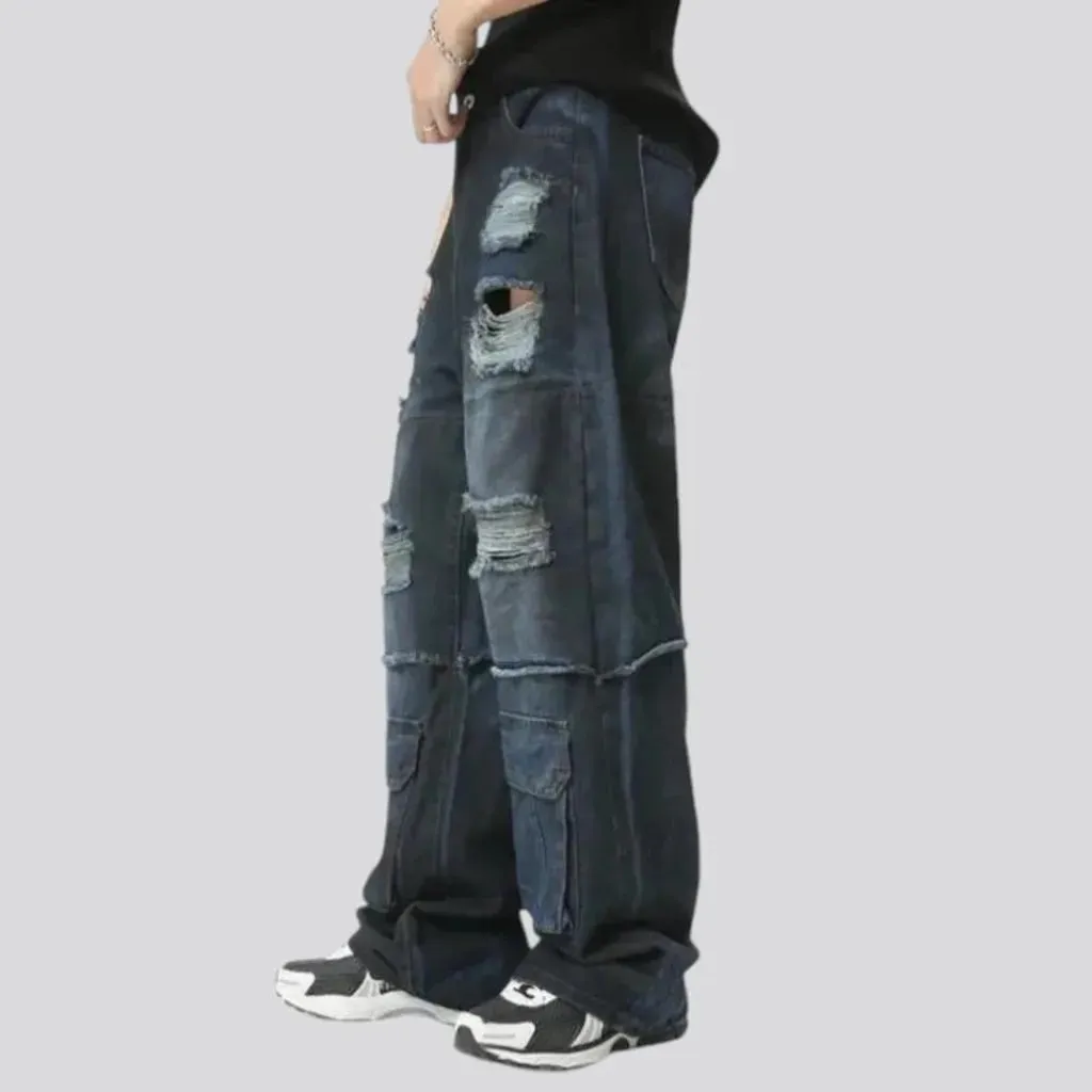 Distressed dark wash baggy jeans for men