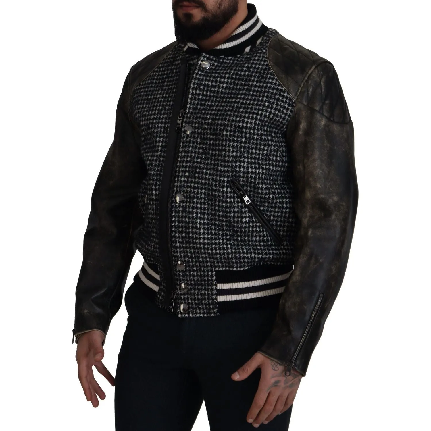 Dolce & Gabbana Multicolor Houndstooth Leather Bomber Jacket