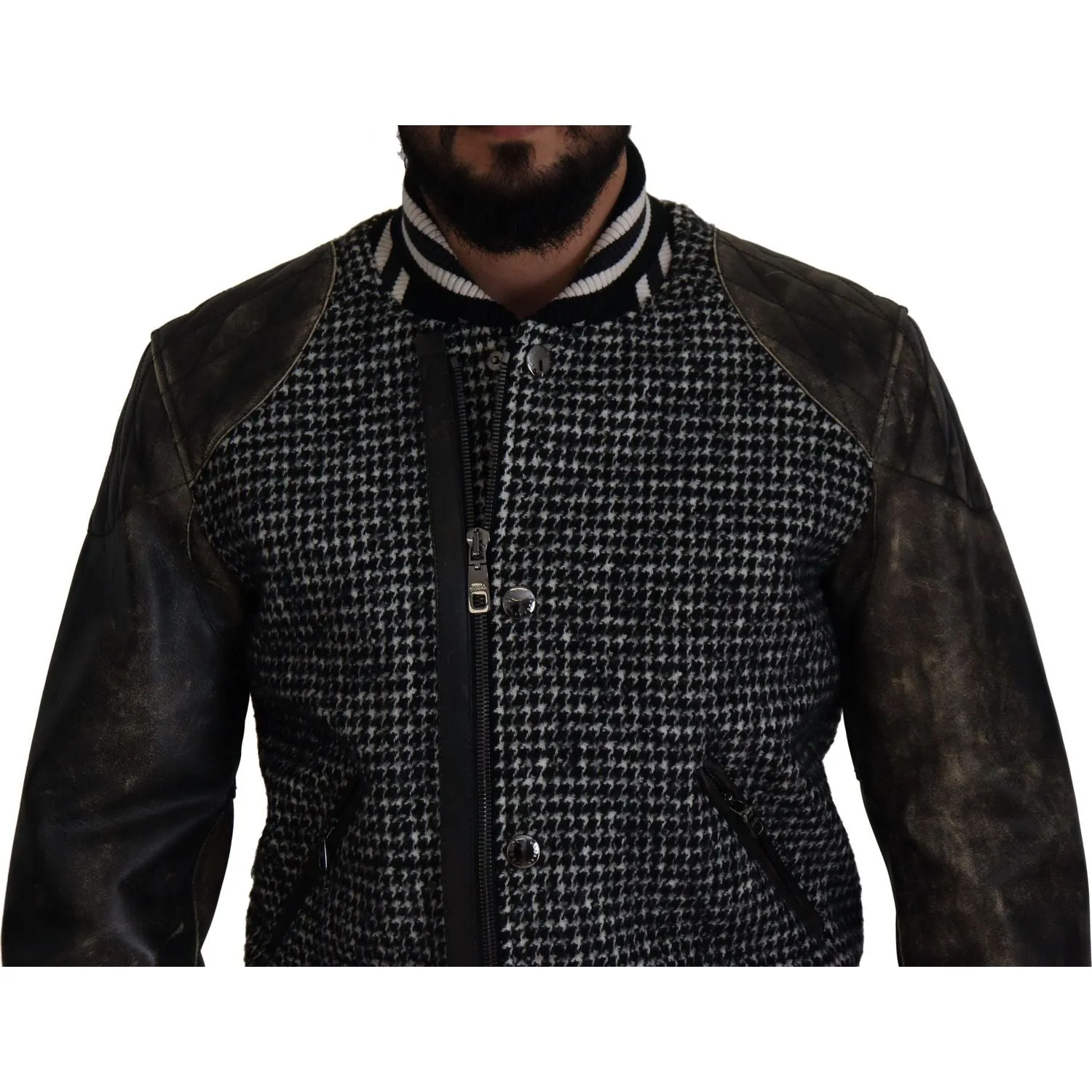 Dolce & Gabbana Multicolor Houndstooth Leather Bomber Jacket