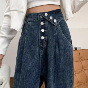 Fashionkova  Y2K Vintage Women Blue Streetwear Baggy Button Cargo Jeans High Waist Straight Wide Leg Pants Denim Trousers Grunge Alt Clothes