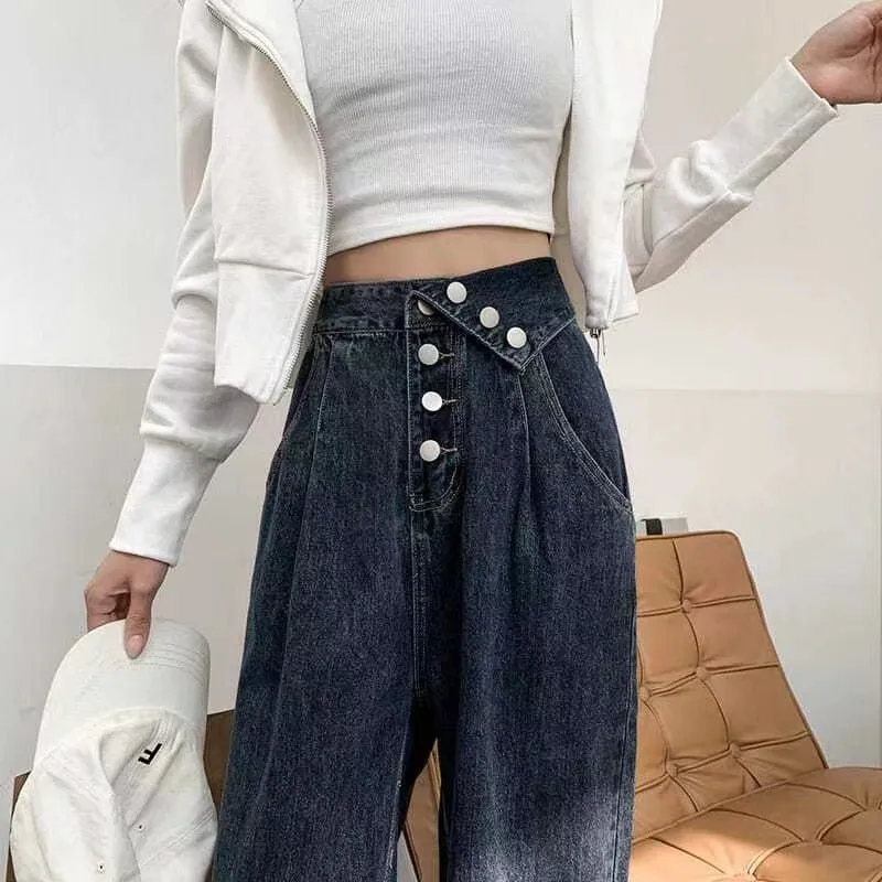 Fashionkova  Y2K Vintage Women Blue Streetwear Baggy Button Cargo Jeans High Waist Straight Wide Leg Pants Denim Trousers Grunge Alt Clothes