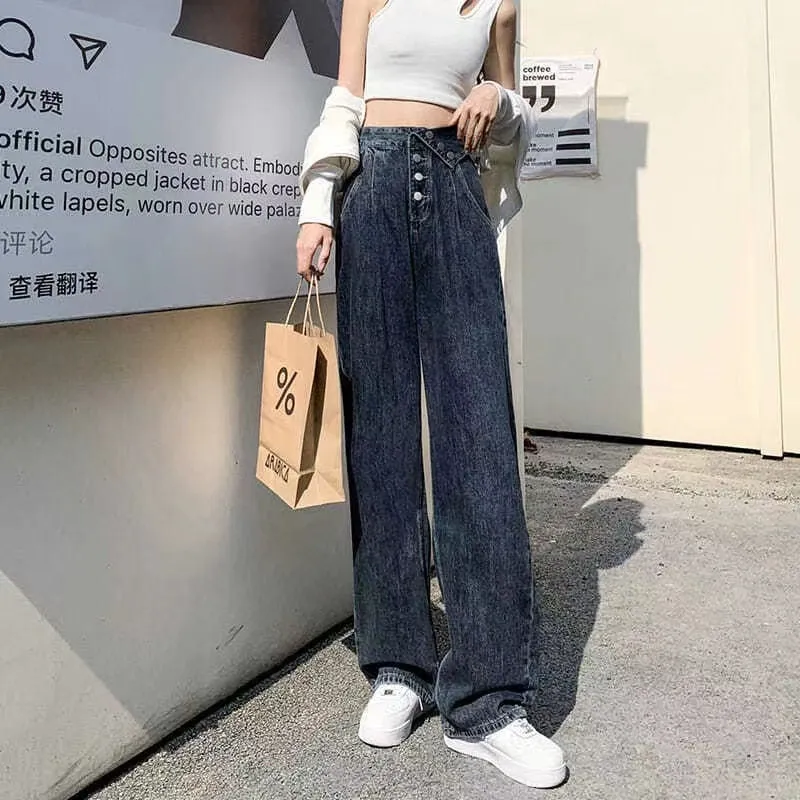 Fashionkova  Y2K Vintage Women Blue Streetwear Baggy Button Cargo Jeans High Waist Straight Wide Leg Pants Denim Trousers Grunge Alt Clothes