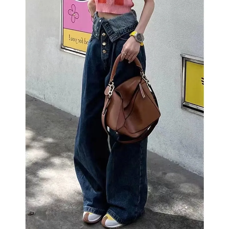 Fashionkova  Y2K Women Vintage Streetwear Fashion Cargo Baggy Jeans High Waisted Straight Wide Leg Pants Denim Trousers Grunge Alt Clothes