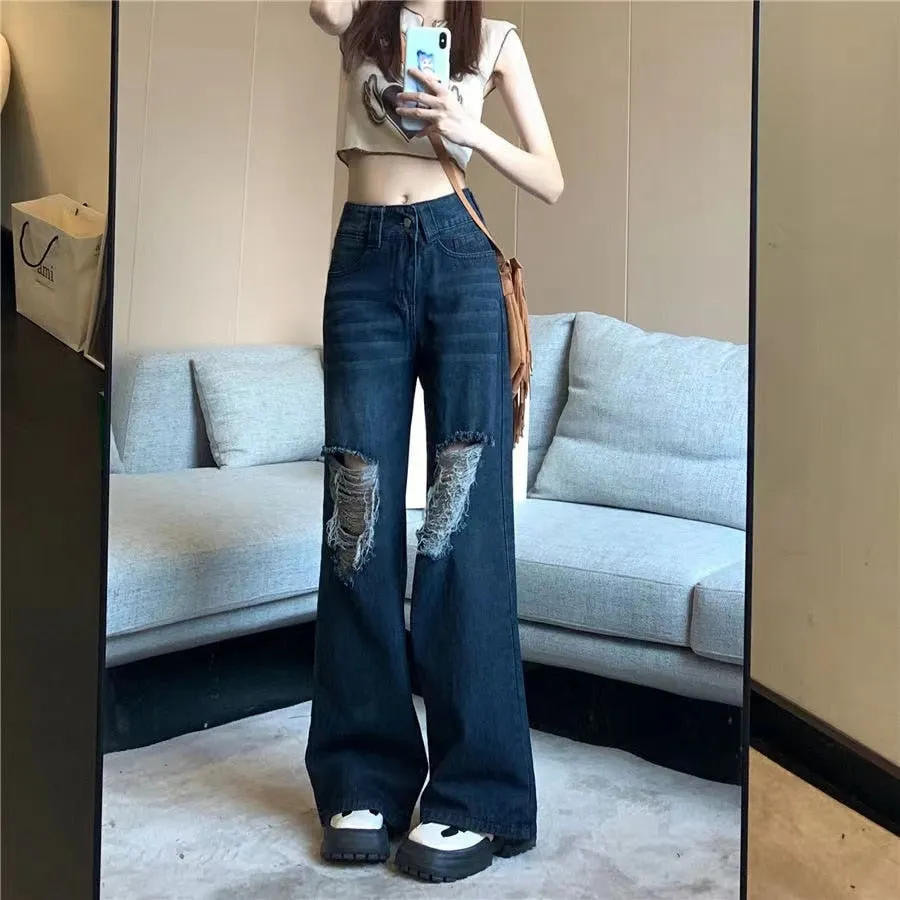 Fashionkova  Y2K Women Vintage Streetwear Ripped Cargo Baggy Jeans High Waisted Straight Wide Leg Pants Denim Trousers Grunge Alt Clothes