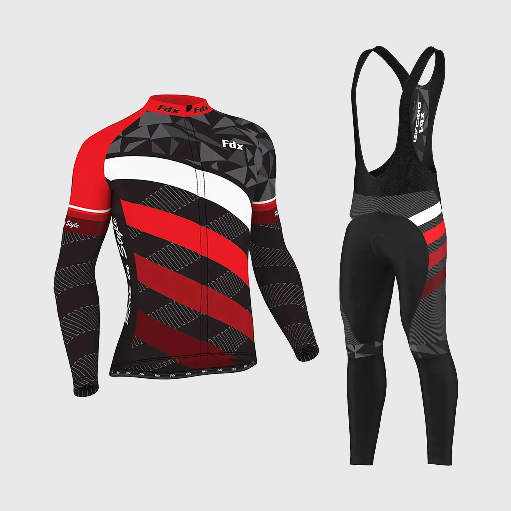 Fdx Men's & Boy's Set Equin Thermal Roubaix Long Sleeve Cycling Jersey & Bib Tights - Red