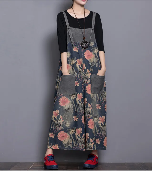 Floral Loose Handmade Denim Casual Spring Denim Overall Women Jumpsuits QY2