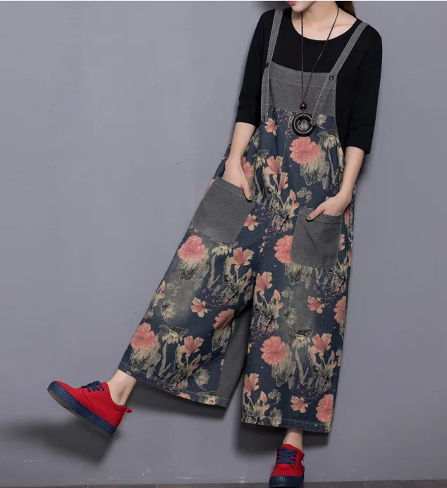 Floral Loose Handmade Denim Casual Spring Denim Overall Women Jumpsuits QY2