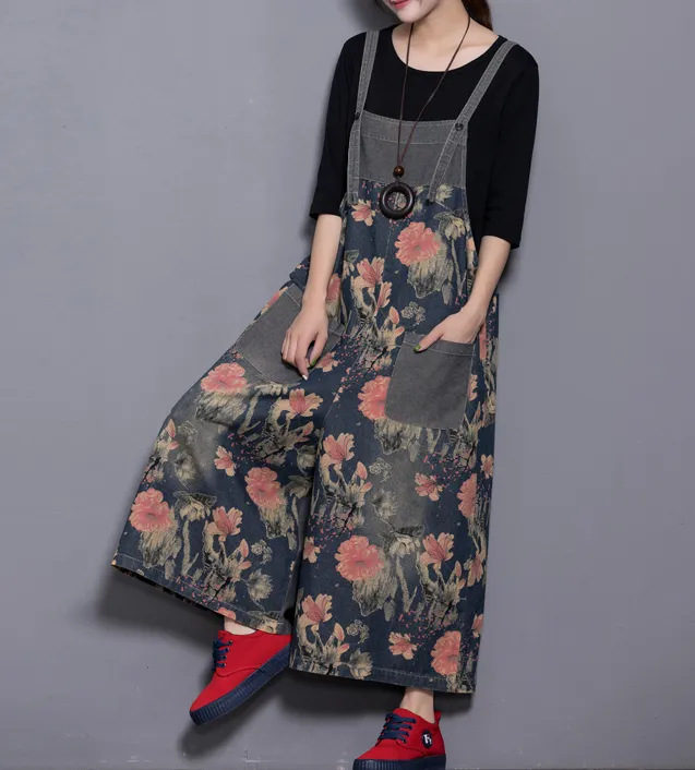 Floral Loose Handmade Denim Casual Spring Denim Overall Women Jumpsuits QY2