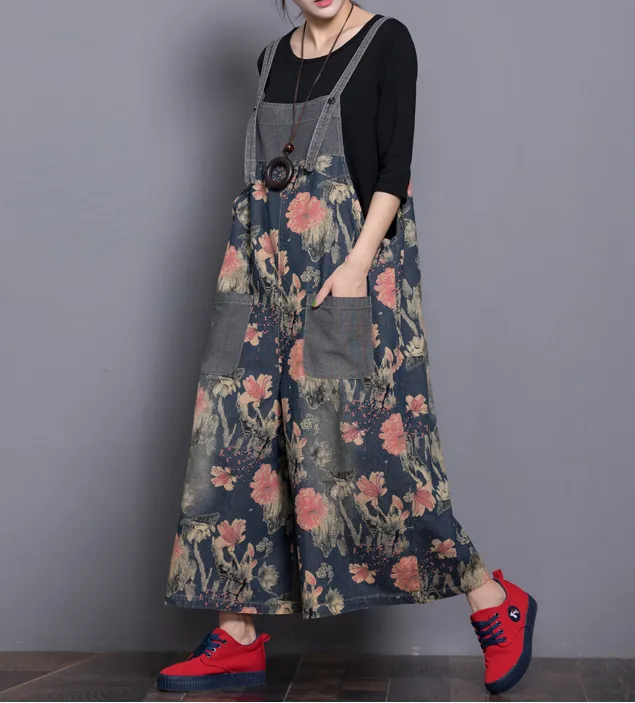 Floral Loose Handmade Denim Casual Spring Denim Overall Women Jumpsuits QY2