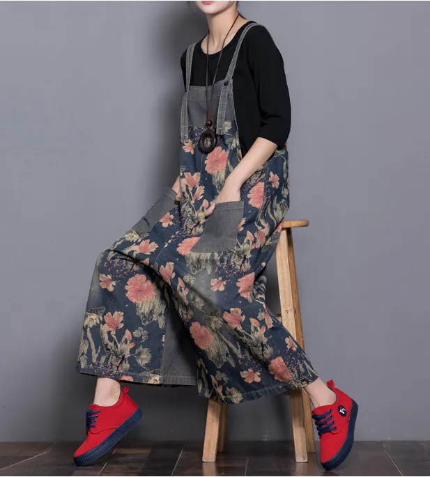 Floral Loose Handmade Denim Casual Spring Denim Overall Women Jumpsuits QY2