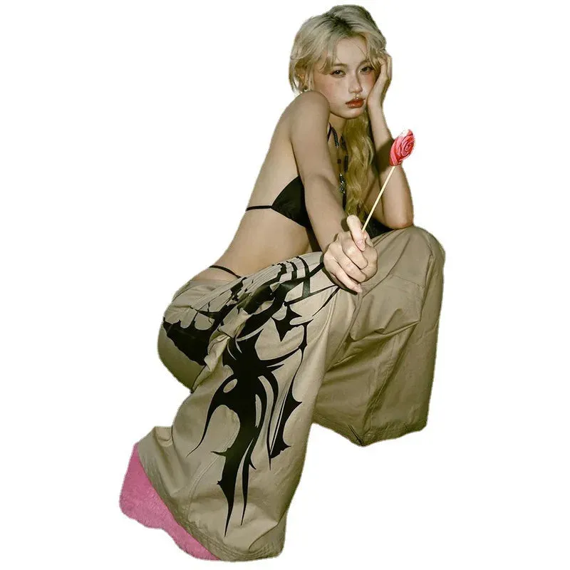 Flytonn-Halloween Outfits Halloween Gifts Gothic Style Vintage Ink Print Y2k Punk Baggy Cargo Pants Cyber Gothic High Waist Wide Leg Trousers Grunge Streetwear Casual Bottom