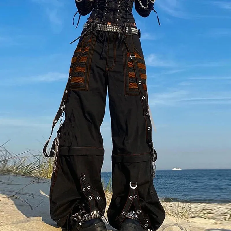 Flytonn-Punk Style Y2k Wid Leg Denim Pants E-girl Gothic Loose Trousers Cyber Grunge Cargo Pants Harajuku High Waist Baggy Jeans Women