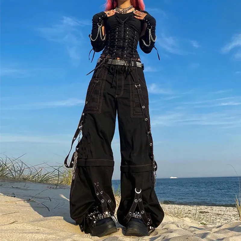 Flytonn-Punk Style Y2k Wid Leg Denim Pants E-girl Gothic Loose Trousers Cyber Grunge Cargo Pants Harajuku High Waist Baggy Jeans Women