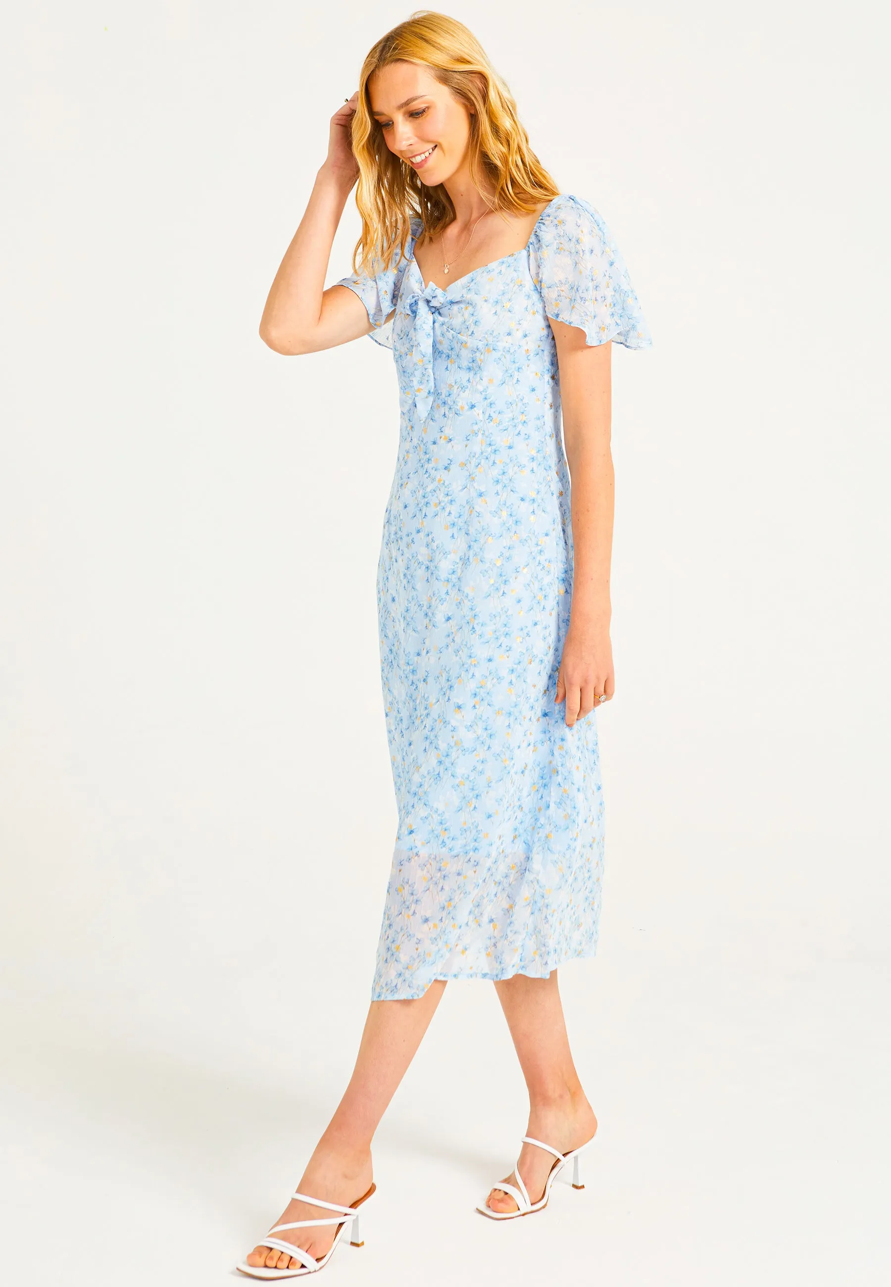 Front Tie Detail Midi Dress in Blue Ditsy Floral