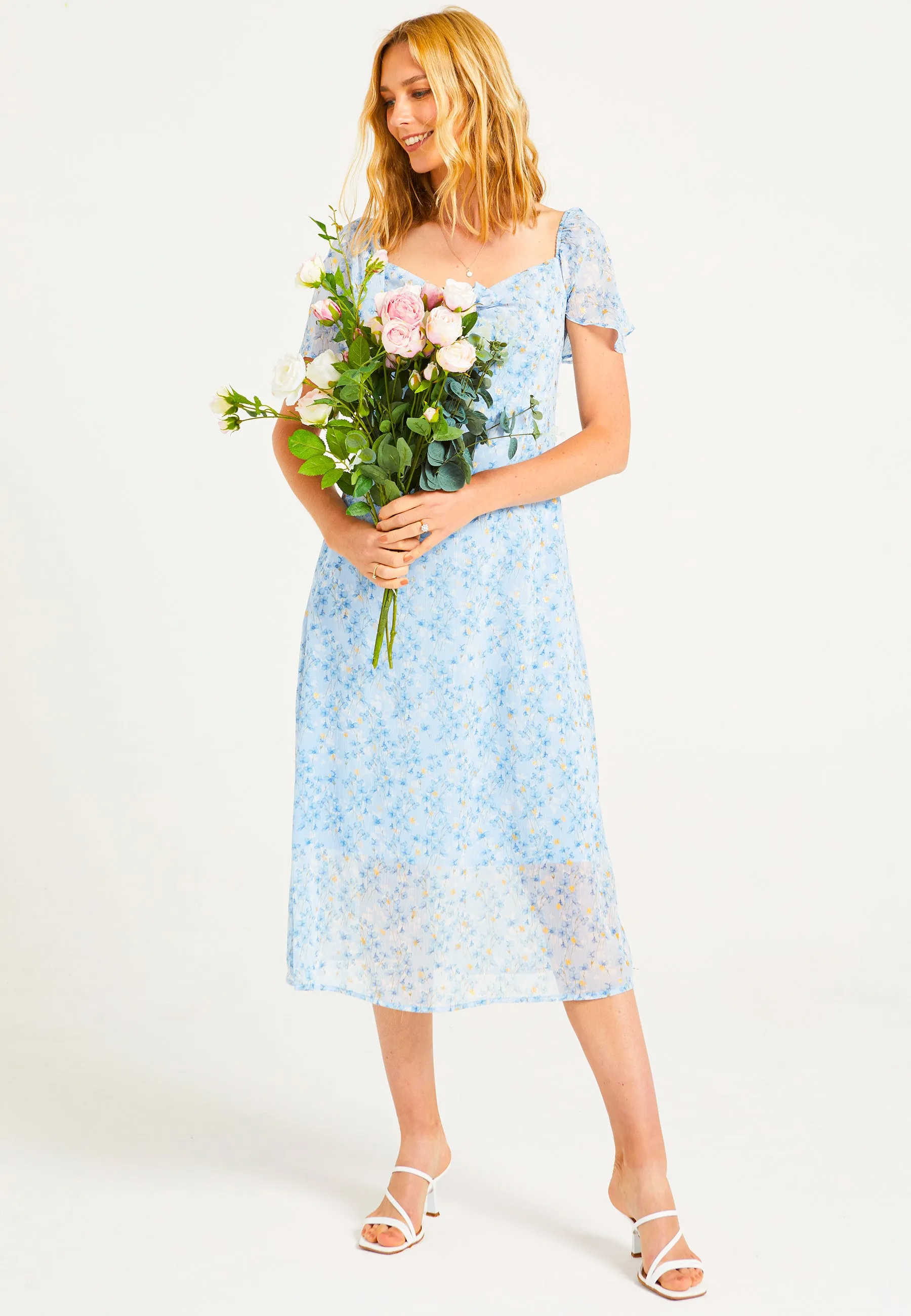 Front Tie Detail Midi Dress in Blue Ditsy Floral