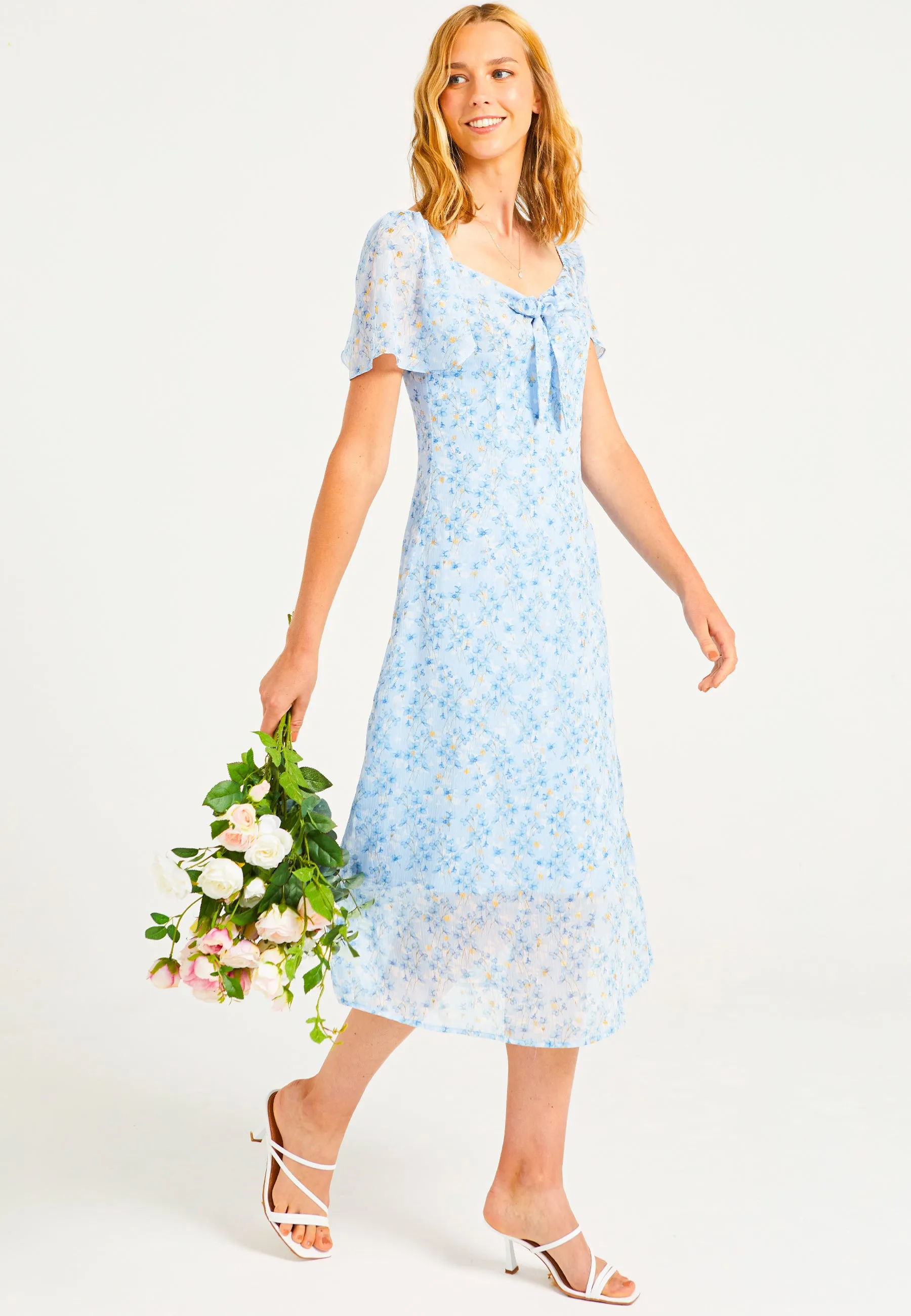 Front Tie Detail Midi Dress in Blue Ditsy Floral