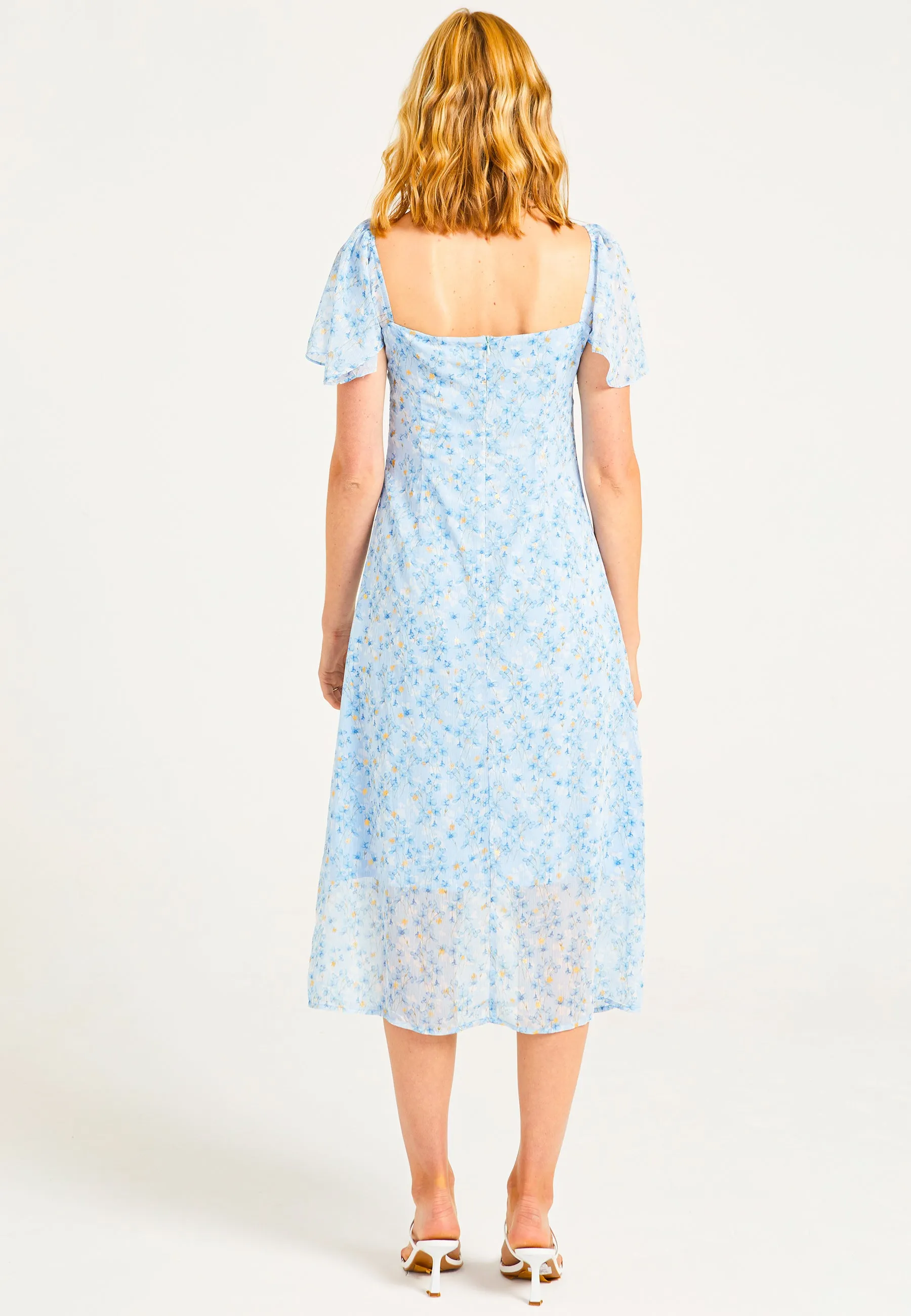 Front Tie Detail Midi Dress in Blue Ditsy Floral