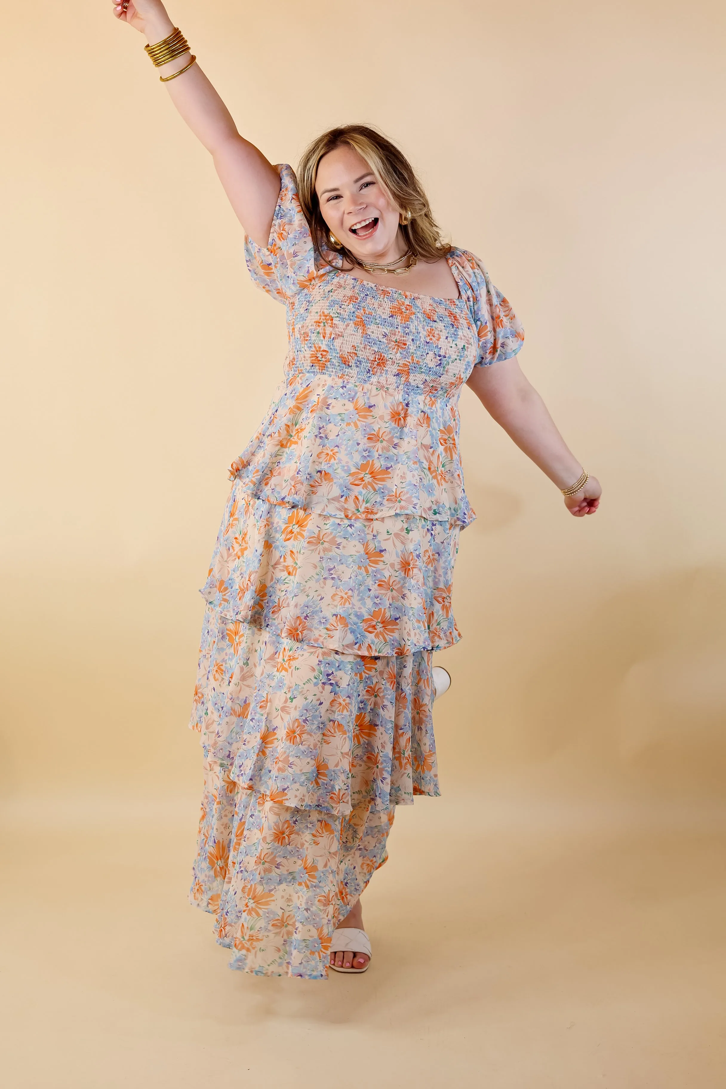 Fun Feeling Floral Tiered Maxi Dress with Smocked Balloon Sleeves in Orange Mix