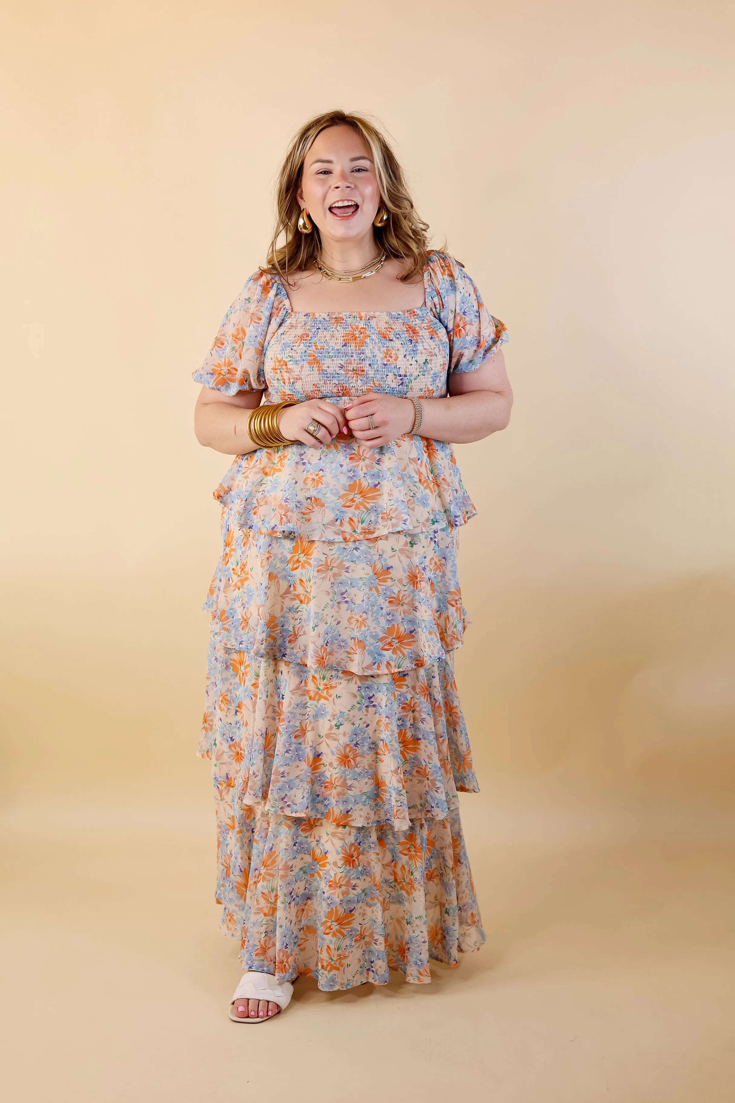 Fun Feeling Floral Tiered Maxi Dress with Smocked Balloon Sleeves in Orange Mix