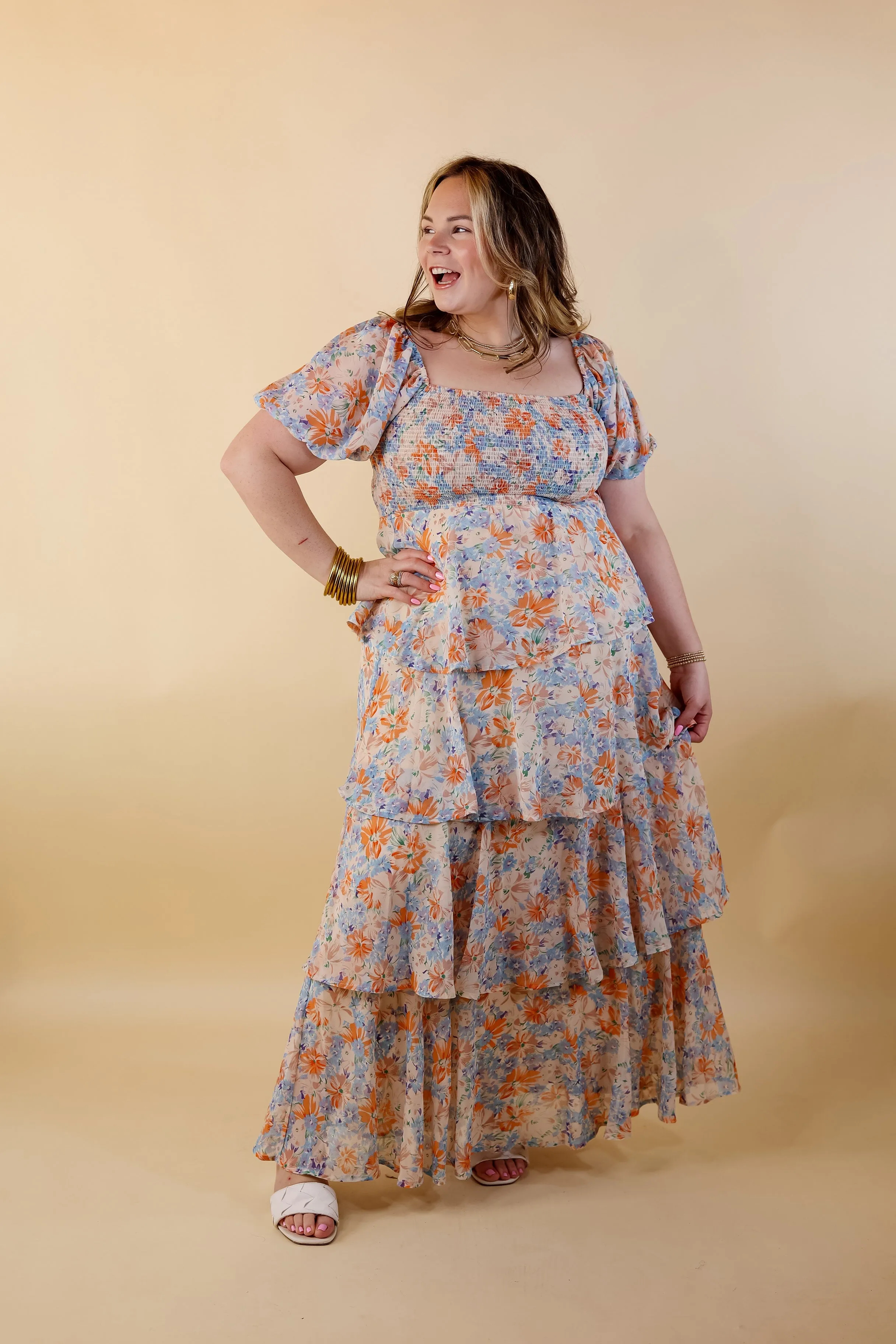 Fun Feeling Floral Tiered Maxi Dress with Smocked Balloon Sleeves in Orange Mix