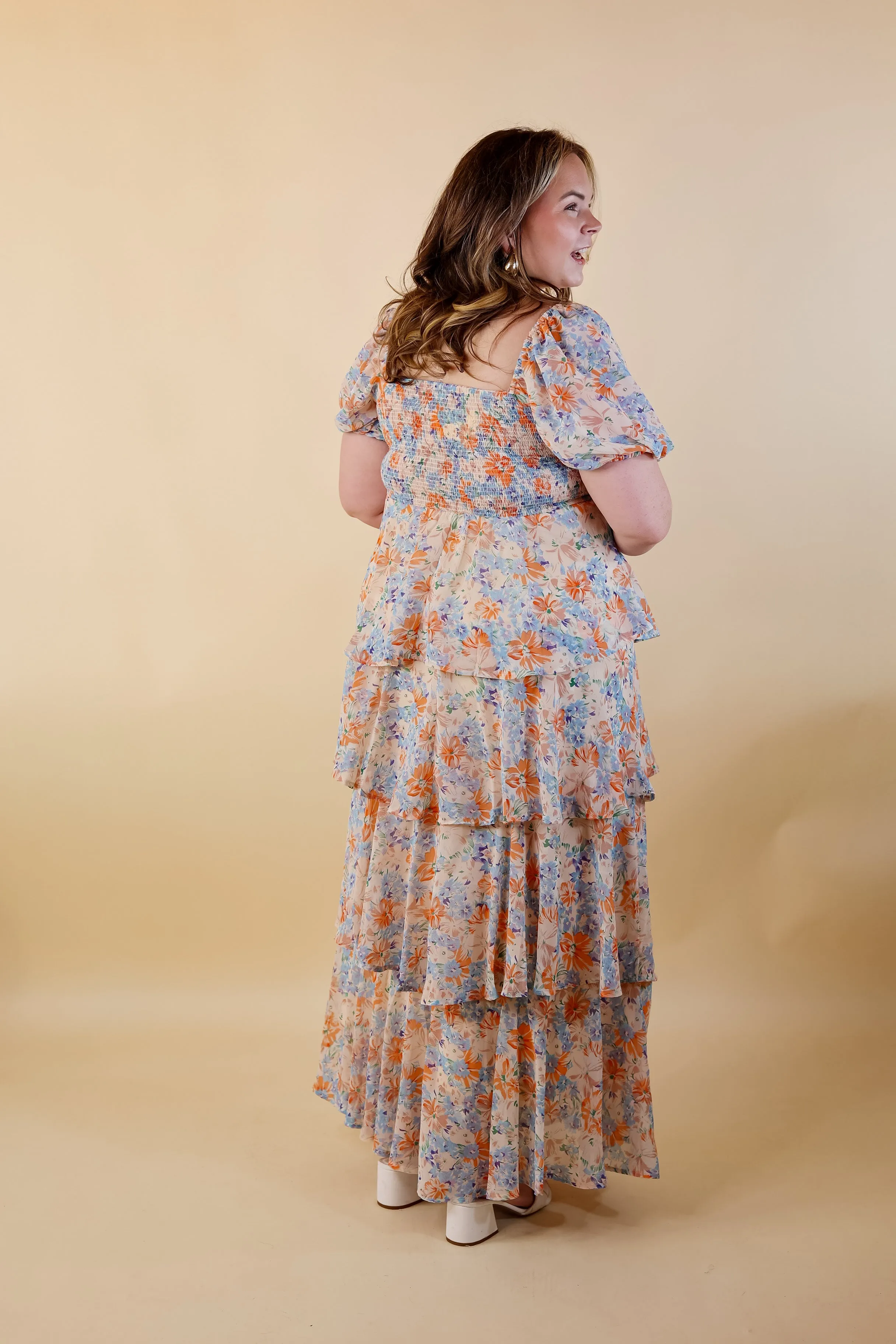 Fun Feeling Floral Tiered Maxi Dress with Smocked Balloon Sleeves in Orange Mix